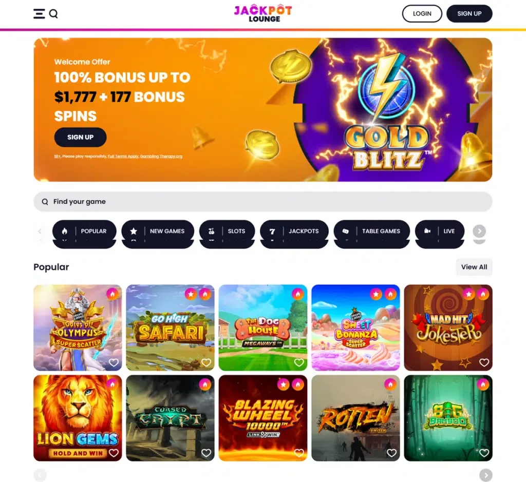 Jackpot Lounge desktop casino lobby with category navigation and game tiles