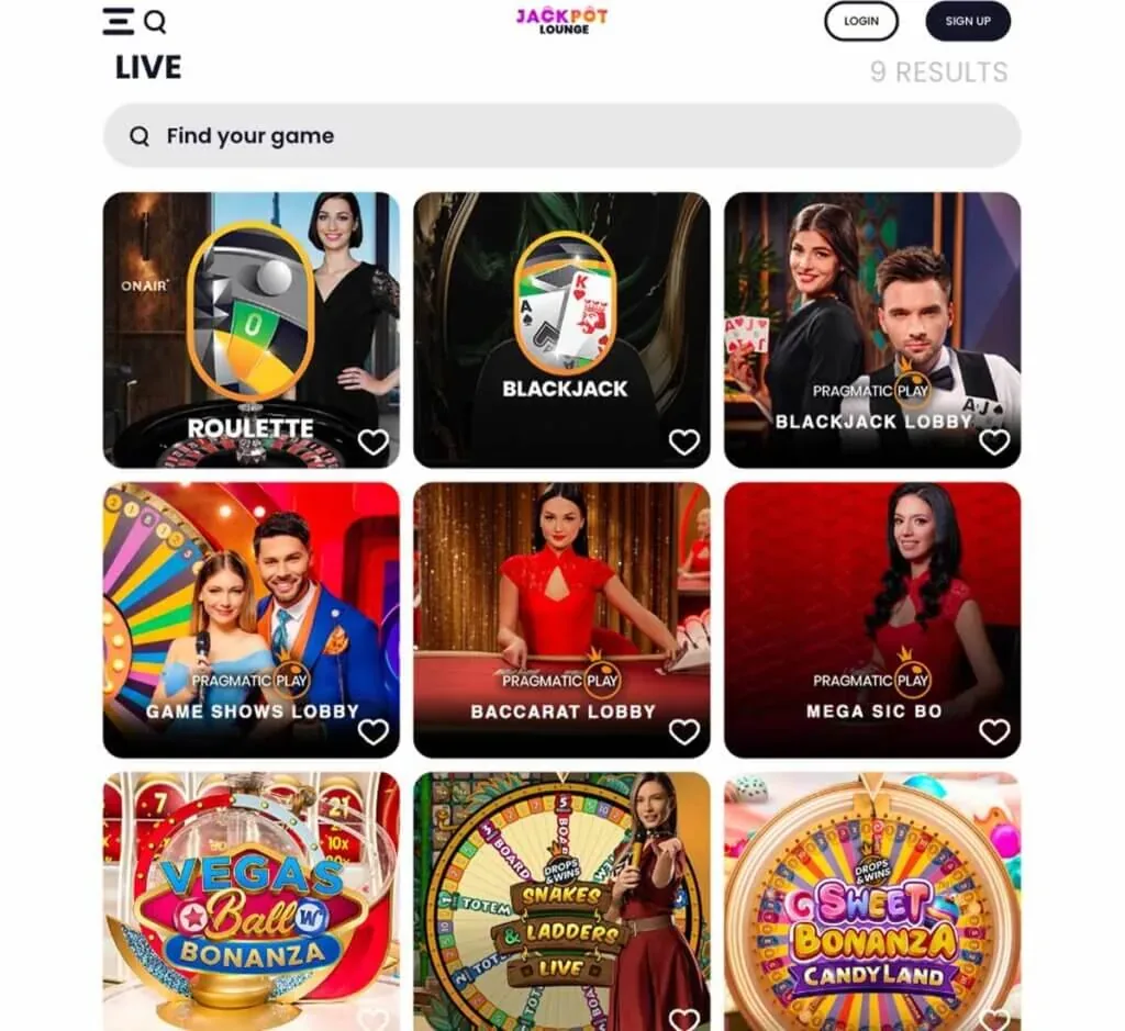Jackpot Lounge live casino lobby with roulette and card game tiles